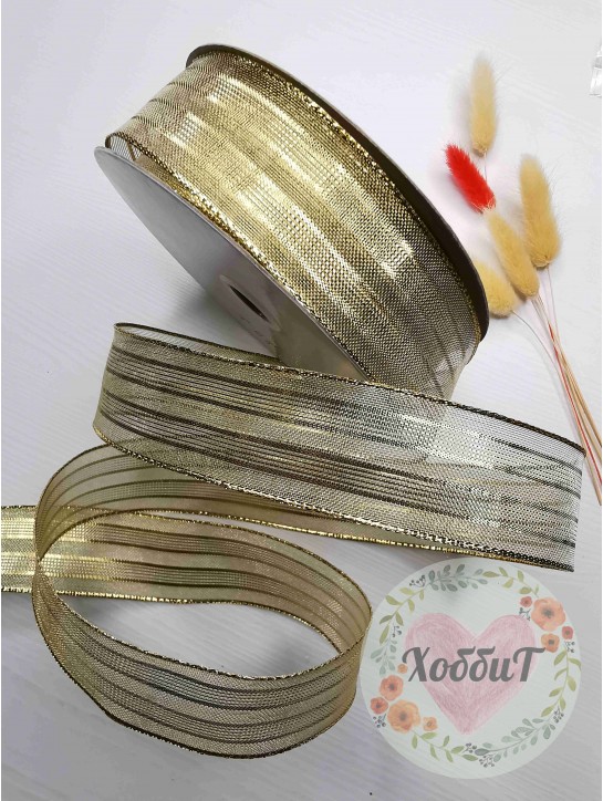 Лента декоративная с проволокой по краям 3,8см. (золото), метр